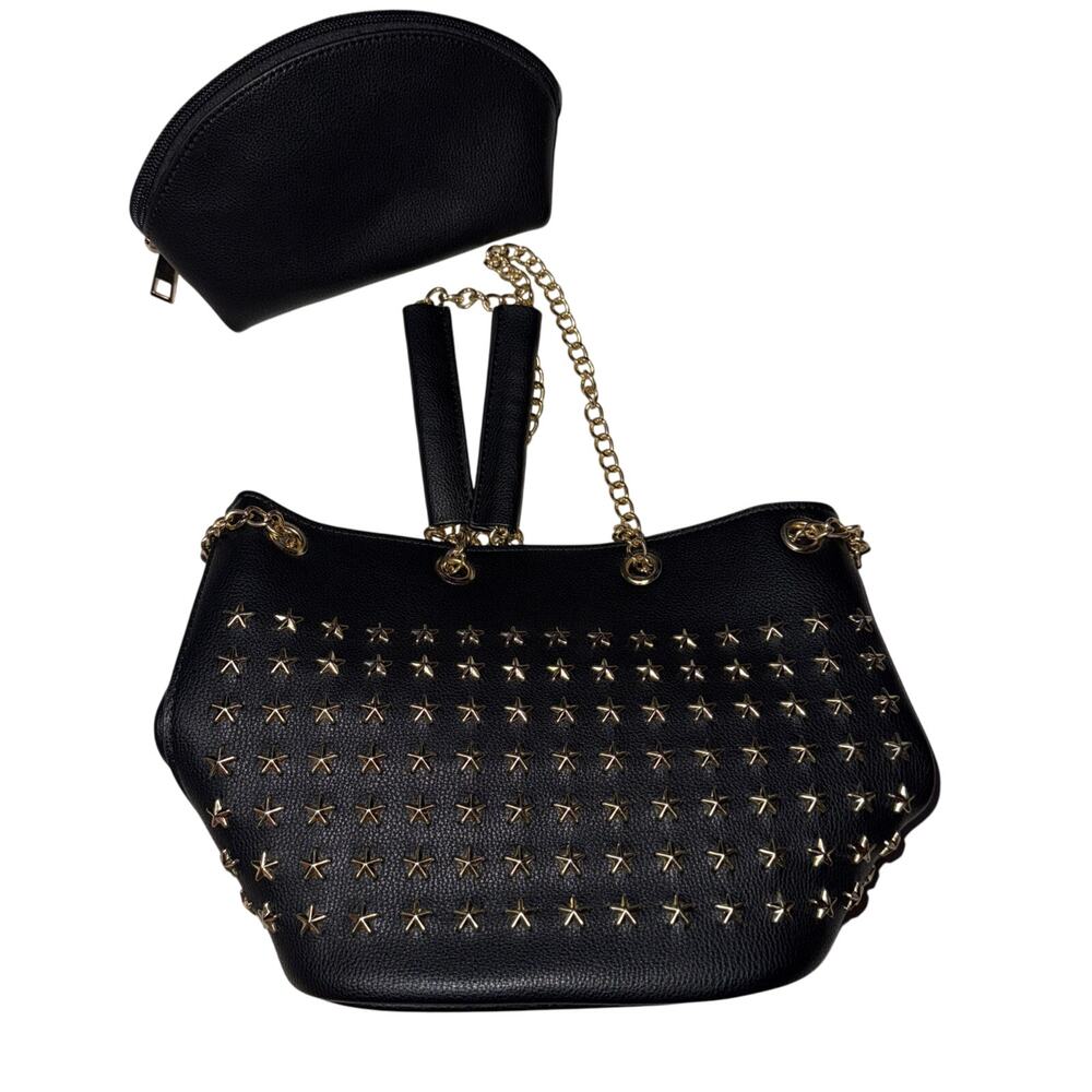Black Leather Gold Star Studded Bucket Bag